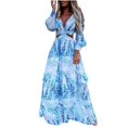 thumbnail image 1 of JUNWELL Robe Bohème d'Été pour Femmes, Robe Maxi Décontractée Grande Taille, Couleur Unie, Col en V, Robes Soleil, Dentelle à Franges, Longue Robe, 1 of 5