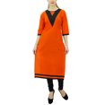 thumbnail image 1 of Bimba kurti pour Femmes en Coton à Manches 3/4, Motif Uni, avec Empiècement Contrastant, 1 of 9