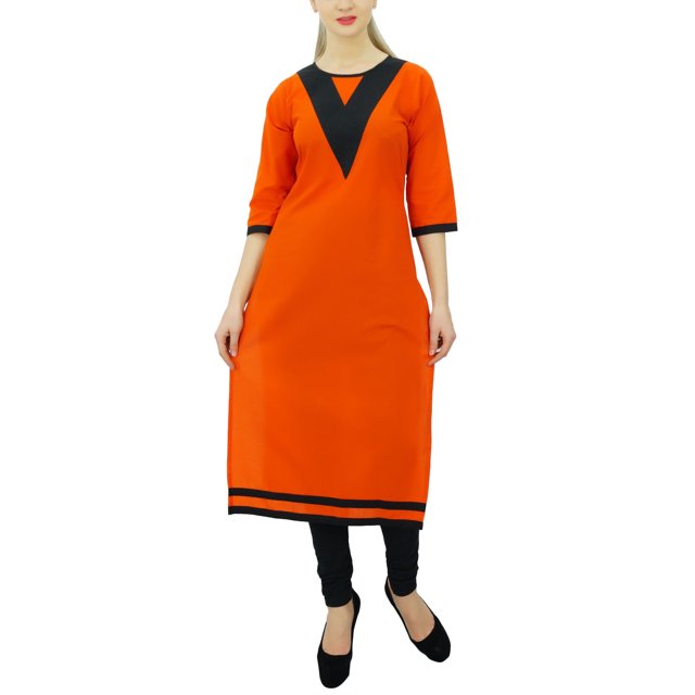 Bimba kurti pour Femmes en Coton à Manches 3/4, Motif Uni, avec Empiècement Contrastant