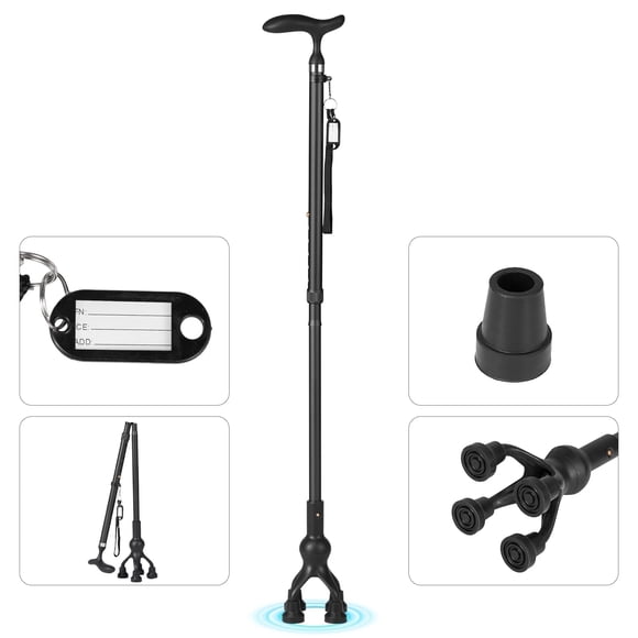MaxKare Folding Walking Canes with Non-slip Quad Base, Adjustable Height & Lightweight, Walking Cane for Seniors, Black