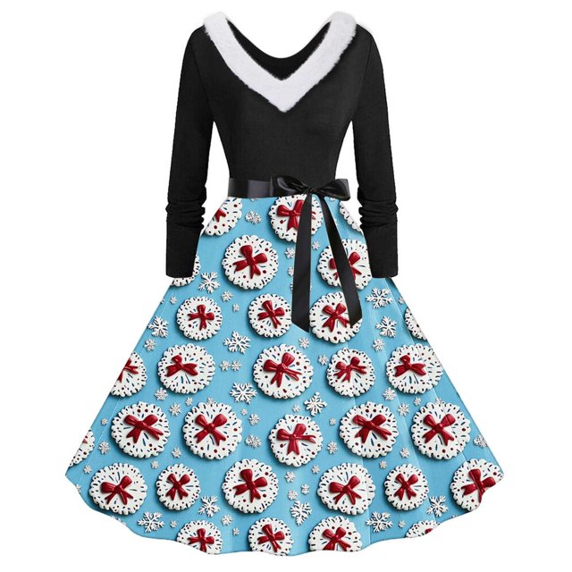 TIMIFIS Robes de Noël pour Femmes Imprimé de Noël Laid Robes Ligne A Robe de Bal Col en V Manches Longues Plissée Rétro
