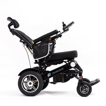 Fold And Travel Manual Recline Foldable Electric Wheelchair Travel Ready Portable Power Chair Travel Companion for Seniors and Adults ( Black Frame)