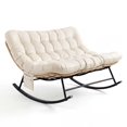 thumbnail image 4 of Indoor Outdoor Patio Rocking Glider Chair – 450 lbs Capacity – Weather-Resistant Rattan, UV-Proof Cushion & soft Toy Fleece Upholstery – Sturdy Rubber Wood & Reinforced Steel Frame, 4 of 6
