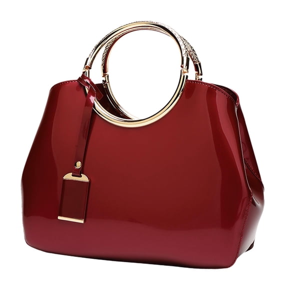 Rongfmy Glossy Patent Leather Handbag Shoulder Bag Portable Soft Gift Women Tote Bag Burgundy