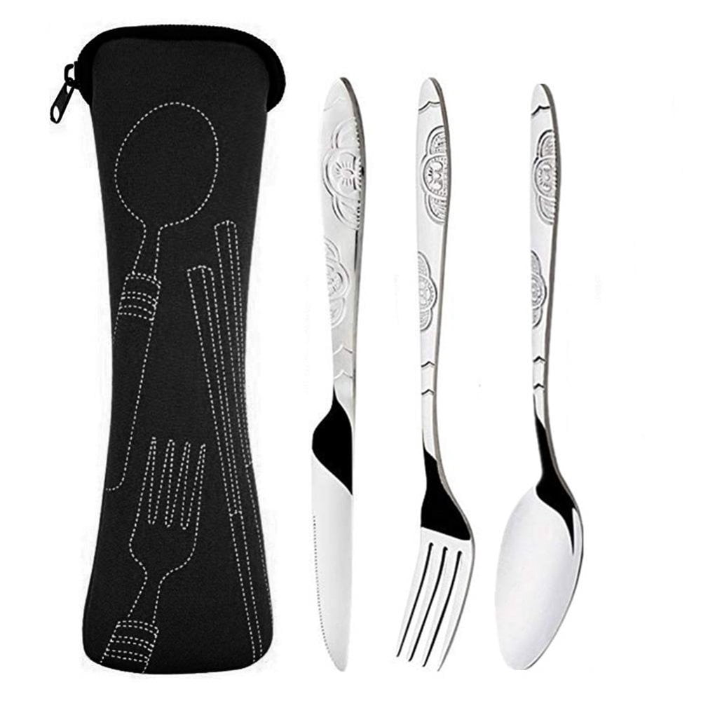 3pcsMulti-colorCutlery Set Steak Knife Fork Spoon w/Cloth Bag (Black)