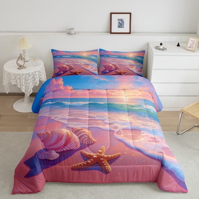 YST Starfish Shell Comforter Set Summer Ocean Beach Landscape Bedding King,Romantic Style Bedding Comforter Sets 2 Pieces Quilt Room Home Decor