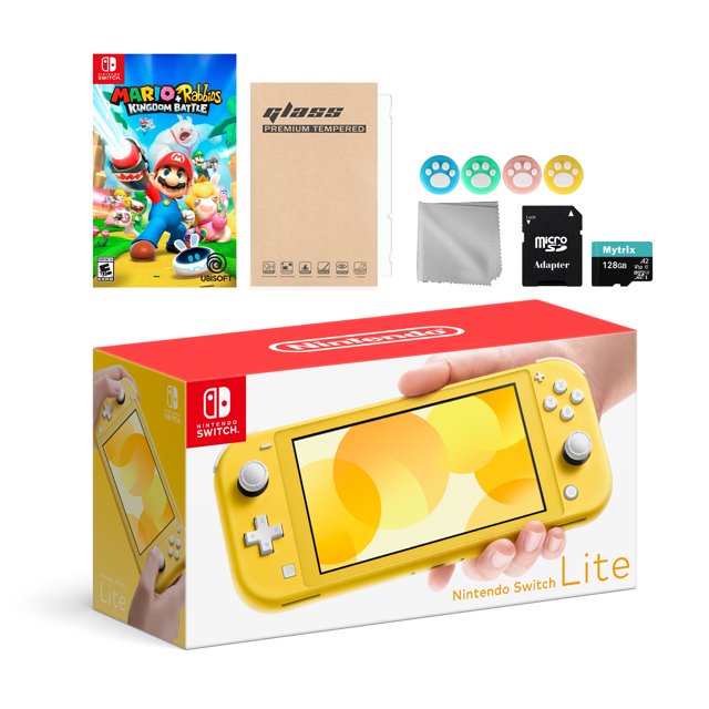 Nintendo Switch Lite Yellow with Mario Rabbids Kingdom Battle, Mytrix 128GB MicroSD Card and Accessories NS Game Disc Bundle Best Holiday Gift