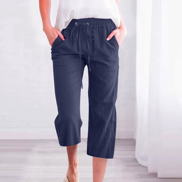 Meichang Pantalon Capri à Jambe Grand pour Femmes avec Taille Extensible et Poches, Uni