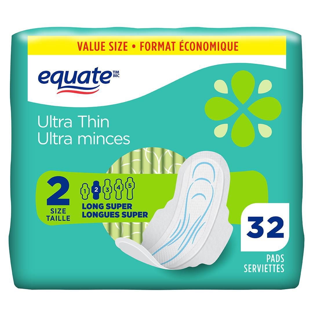 Serviettes ultra minces longues Equate ultra absorbantes avec Flexi-Wings, taille 2, 32 unités