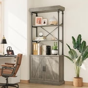 Tall Bookshelf with Doors Industrial Bookcase Freestanding Shelf Units Wood and Metal Book Shelf Storage Organizer for Bedroom, Living Room, Rustic Brown,Vintage Display Rack Home Office