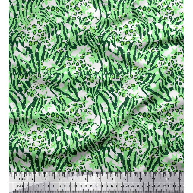 Soimoi Green polyester Crepe Fabric Leopard & Wild Animal Skin Print Fabric by Yard 52 Inch Wide