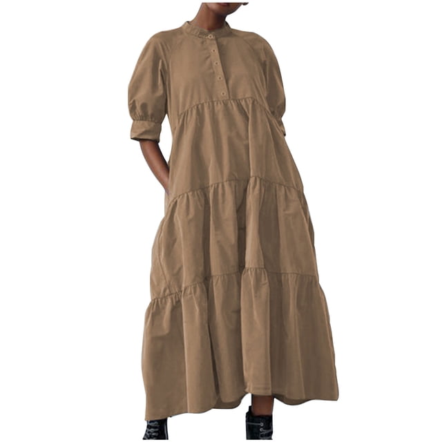 AherBiu Plus Size Maxi Dresses for Women Button up High Neck 1/2 Sleeve Ruched Ruffle Flowy Long Summer Dress