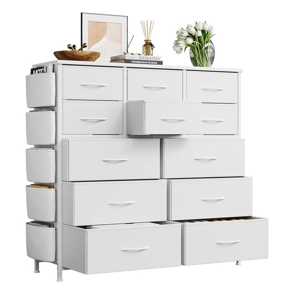 GloryStar Sturdy Steel Frame Fabric Dresser, 12-Drawer Storage Cabinet with Wood Top and Additional Pockets for Bedroom