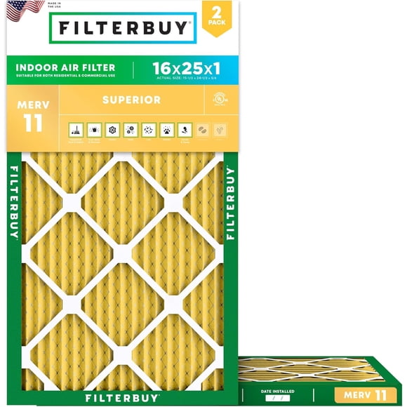 Filterbuy 16x25x1 MERV 11 (MPR 1200) Allergen Defense, Pleated HVAC AC Furnace Air Filters (2-Pack)