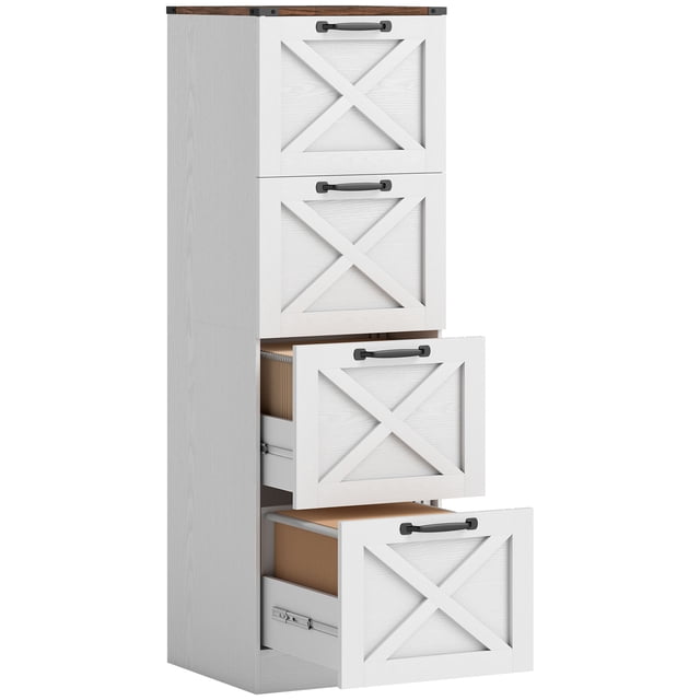 HOMCOM Classeur à 4 Tiroirs Blanc au design de Style Ferme avec Panneaux en X. Idéal pour Organiser les Dossiers Lettre et A4, Doté de Quatre Tiroirs Profonds et d'Une structure Verticale Haute et Étroite, Parfait pour les Petits Espaces de Bureau. la surface Supérieure Sert de Support d'Imprimante. Fabriqué en Panneau de Particules durable avec une Finition Mélamine Résistante aux Rayures et des Coulisses Métalliques Silencieuses pour un Fonctionnement Fluide des Tiroirs. Convient aux Installations de Meubles de Bureau.