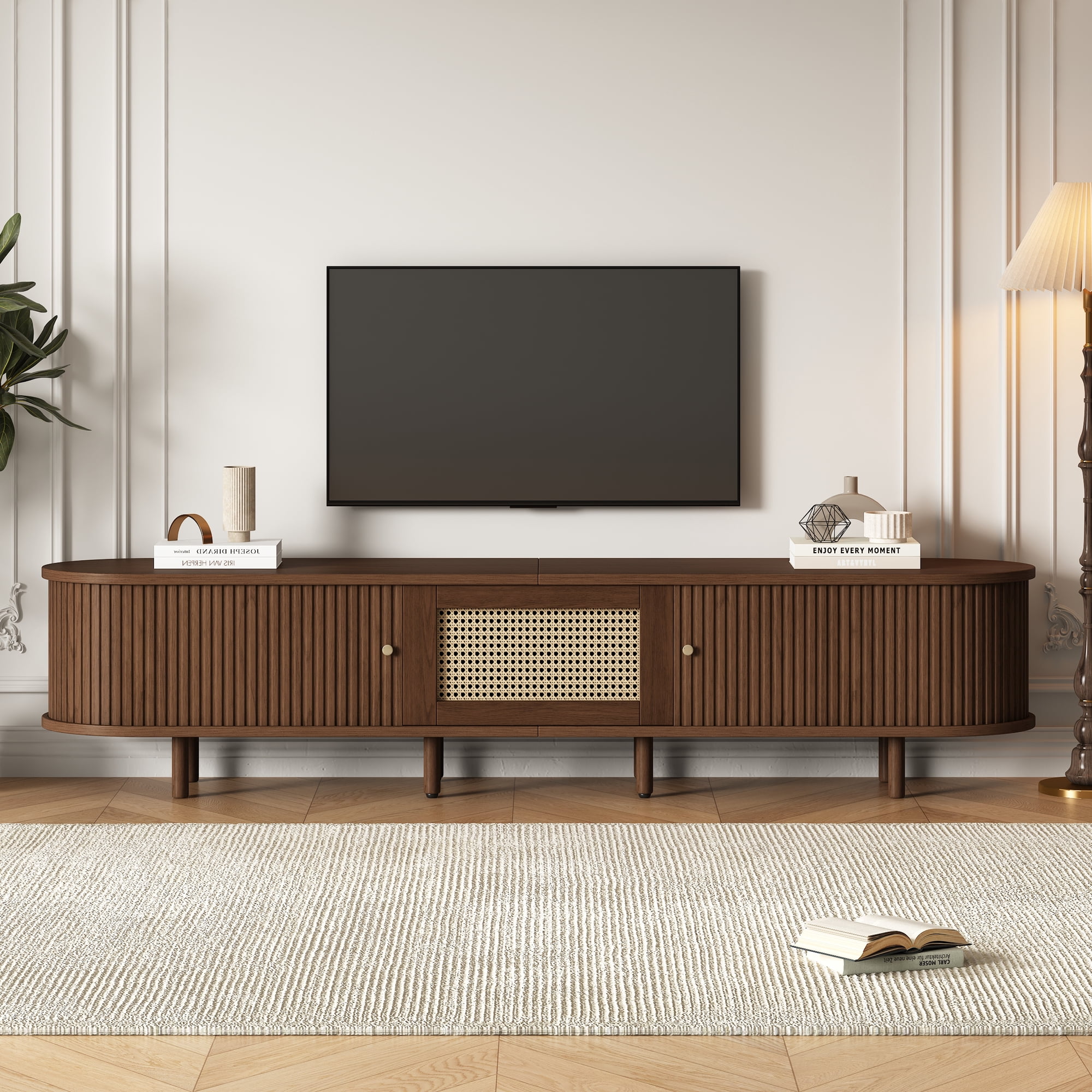 GOWE TV Stand with 1 Rattan Drawer and 2 Sliding Doors,Oval TV Cabinet Storage w This compact TV stand, measuring 70.8*15.7*15.7 inches, is perfect for small living rooms, taking up minimal space wh