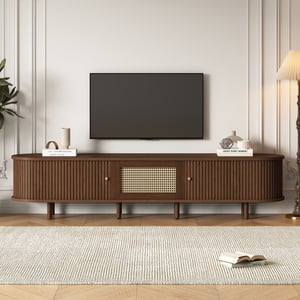 GOWE TV Stand with 1 Rattan Drawer and 2 Sliding Doors,Oval TV Cabinet Storage w This compact TV stand, measuring 70.8*15.7*15.7 inches, is perfect for small living rooms, taking up minimal space wh