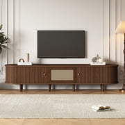 Axiomera TV Stand with 1 Rattan Drawer & 2 Sliding Doors, Oval TV Cabinet with Rounded Corners – 70.8" Entertainment Center, Media Console, Dark Wood, for 75" TV, Living Room
