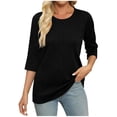 thumbnail image 3 of Timegard Hauts d'Été pour Femmes Col Rond Manches 3/4 Couleur Unie Chic Décontracté Chemises Amples Hauts Blouse, 3 of 6