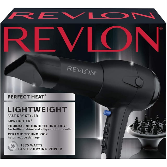 Revlon Salon 1875W 20X Better Grip Turbo Hair Dryer in black, designed for professional salon use. Features a lightweight build with tourmaline ionic technology for shiny, smooth results and ceramic technology to minimize hair damage. Includes a concentrator nozzle and diffuser attachment for versatile styling. Packaged in a branded box with product details prominently displayed.