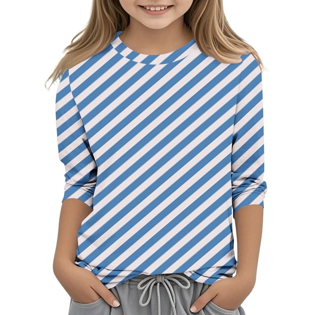 MeetoTime T-Shirt à Manches 3/4 Rayé Imprimé pour Enfants Col Rond Décontracté Ample Blouses pour Garçons Filles 3-12 Ans