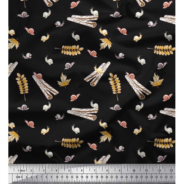 Soimoi Poly Georgette Fabric Leaves,Cinnamon & Snail Insects Printed Fabric 1 Yard 42 Inch Wide