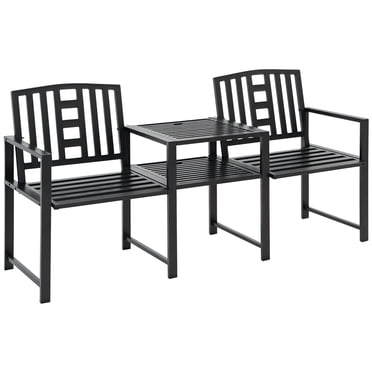 Outsunny Banc de Jardin en Acier avec Table Centrale, Trou pour Parasol, Double Siège pour Extérieur, Patio, Cour Arrière, Cadre Résistant aux Intempéries, Noir