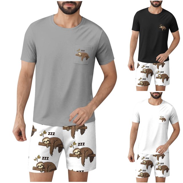 JDQJBZ Mens 2 Piece Pajama Set Short Sleeve Crewneck T Shirt and Shorts with Print