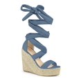 thumbnail image 1 of BLISSFUL STEP Sandales pour Femmes en Faux Suède à Plateforme Compensée à Lacets à Bout Ouvert Bleu Brume 6, 1 of 7