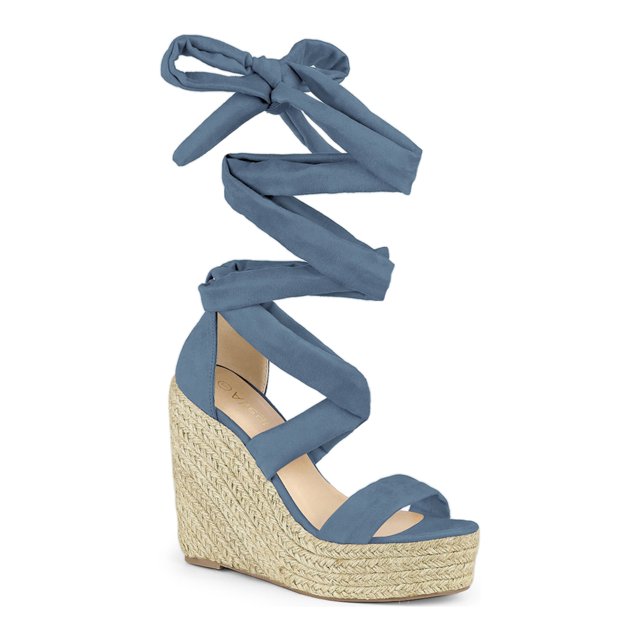 BLISSFUL STEP Sandales pour Femmes en Faux Suède à Plateforme Compensée à Lacets à Bout Ouvert Bleu Brume 6