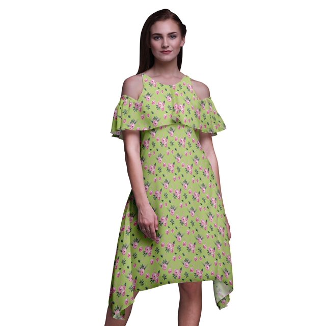 Bimba Robe Tunique Évasée à Manches Flottantes à Épaules Dénudées à Imprimé Floral Vert pour Femmes - Grande