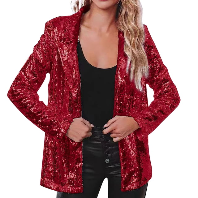 Baberdicy Vestons à Paillettes pour Femmes Veste à Paillettes Décontractée à Manches Longues Scintillante de Fête Brillante à Revers Rave Manteau d'Extérieur Bleu Rouge Acrylique