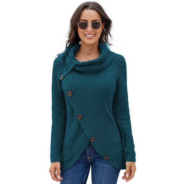 Chandails Femme Chauds Chandails Asymétriques Tricotés Col Roulé Uni Portefeuille Tricoté Manches Longues Chemises Hauts Décontracté TTG