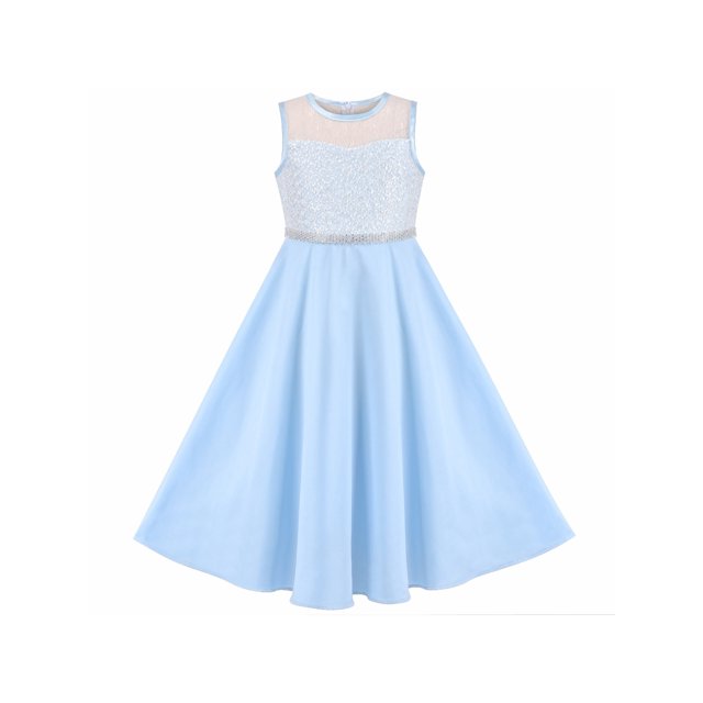 Girls Dress Blue Rhinestone Chiffon Bridesmaid Dance Party Maxi Gown 8 Years