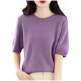 thumbnail image 2 of AherBiu Hauts d'Été pour Femmes Col Rond Manches Mi-Longues Chemises Unies Décontractées Coupe Ample T-Shirts Basiques Blouses, 2 of 4