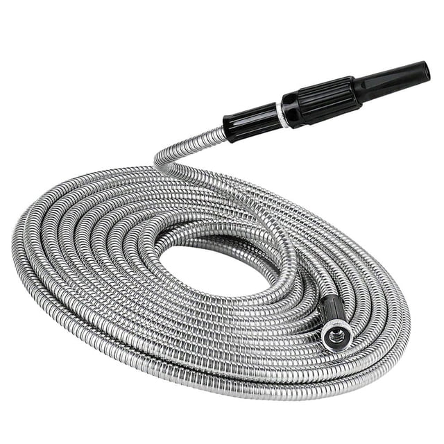 FONDOTIN Telescopic Garden Hose Silver 1Pack with Nozzle Spray Feature for Yard Work
