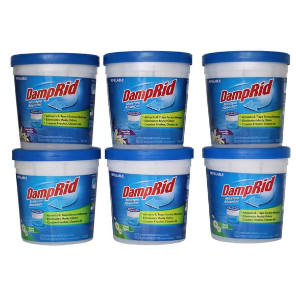 DampRid Assortiment d'Absorbeurs Rechargeables, Tasses de 10,5 oz, Lot de 6, 3 Parfums Frais, 3 Lavande Vanille, Emprisonne l'Humidité pour un Air Plus Frais et Plus Propre