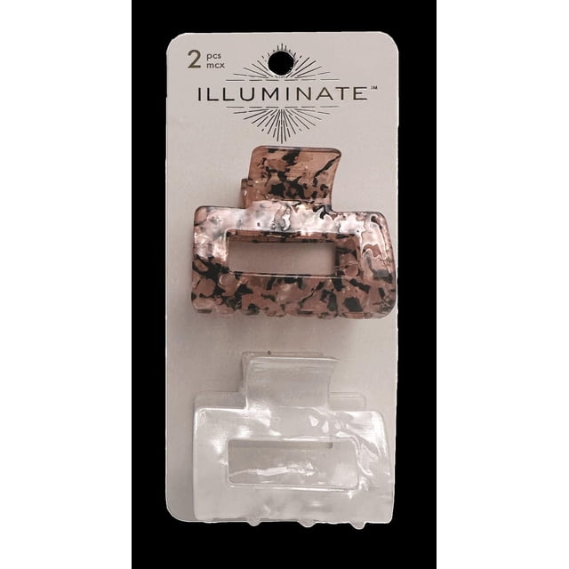 Illuminate 2 pcs claw clips set with one brown and black marble acrylic clip and one white marble acrylic clip, rectangular open-center design, ideal for keeping hair in place, displayed on branded card.