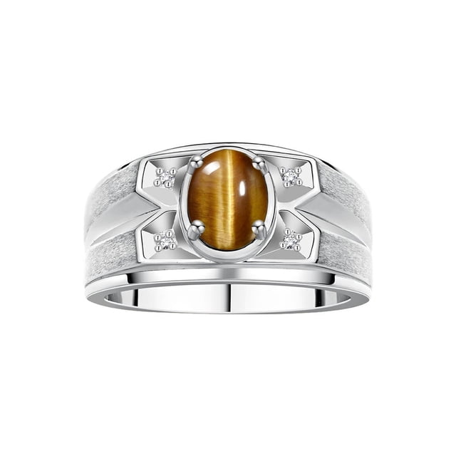 RYLOS Men's Rings Sterling Silver Rings Classic Designer Style 8X6MM Oval Gemstone & Diamond Ring Tiger Eye November Birthstone Rings For Men, Size 13