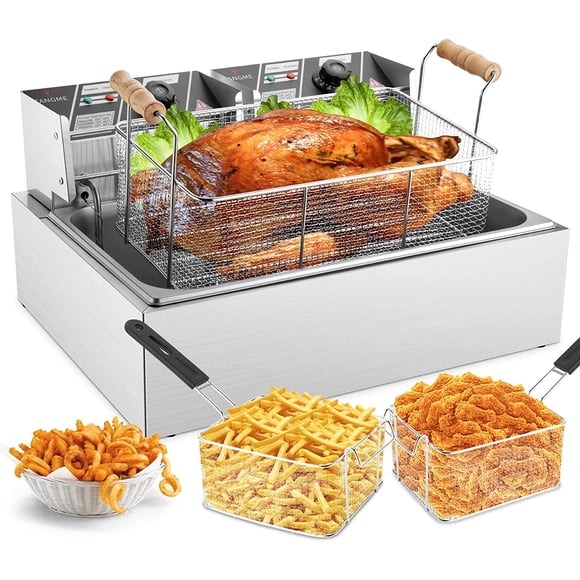 TANGME Commercial Deep Fryer, 3400w Electric Turkey Fryer with 3 Baskets, 22L/23.25Qt 1mm Thickened Stainless Steel Countertop Single Oil Fryer with Temperature Limiter for Restaurant