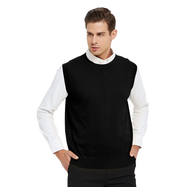 TOPTIE Men's 100% Cotton Knit Sweater Vest, Crew Neck Solid Color