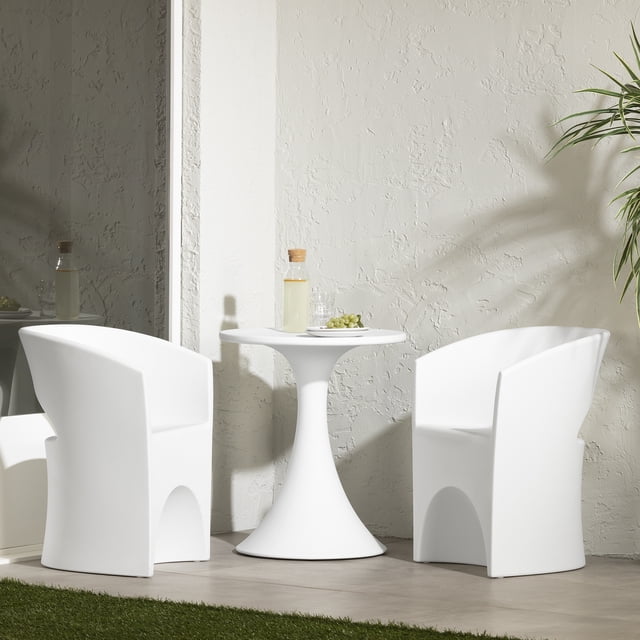 South Shore Dalya Table and Chairs Bistro Set in white, featuring a round pedestal table and two armchairs with armrests in a Scandinavian minimalist style, made of durable polyethylene resistant to scratches and UV rays, shown on a tiled floor with a textured light wall and a plant, suitable for small outdoor patios or balconies.
