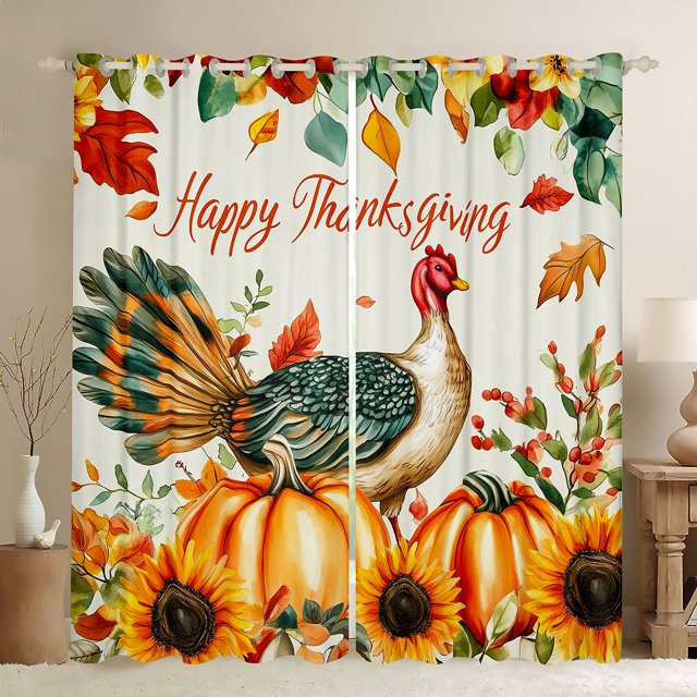 YST Rideaux de Fenêtre Dinde de L'Action de Grâce 38"L X 45"H Rideaux et Draperies Ferme d'Automne Tournesol Citrouille Rideaux Occultants Récolte d'Automne Déco de Pièce à la Maison, Rideaux Feuilles d'Érable 2 Panneaux