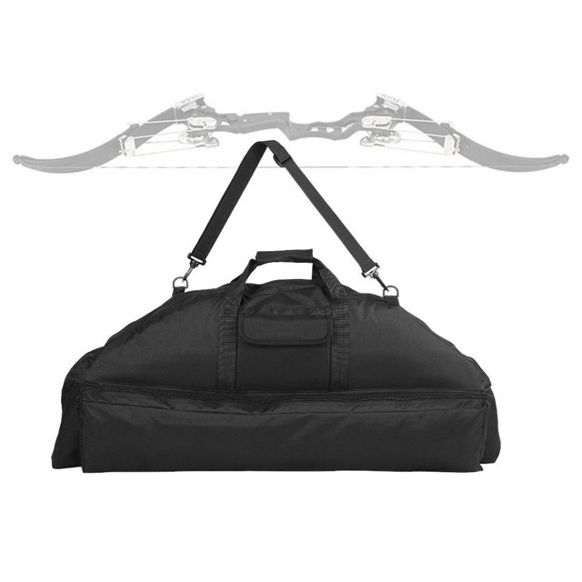Mgaxyff Archery Backpack made of durable black Oxford cloth material, designed for outdoor and training use. Features a large capacity to store bows and other items, with a widened handle and adjustable shoulder straps for portability and comfort. Includes a high-quality zipper and firm stitching for durability. Dimensions are 95x45cm (37.4x17.7in).