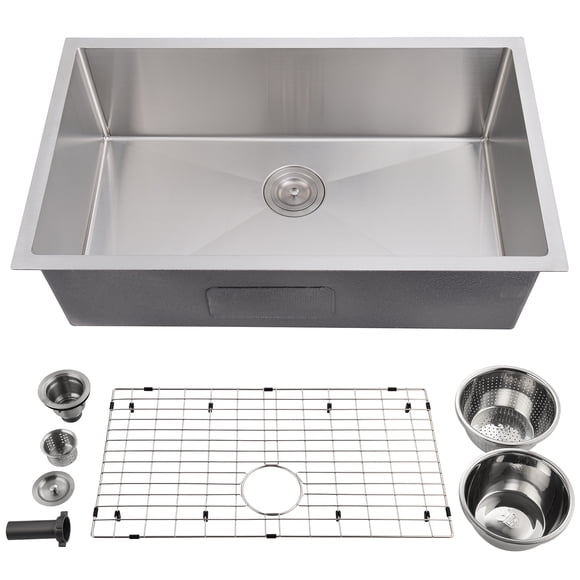 Évier de Cuisine de 32 Pouces pour Bol Simple, Évier de Cuisine Encastré Évier en Acier Inoxydable de Calibre 16 avec Accessoires, Drainage Facile et Faible Bruit 32 Pouces x19 Pouces x10 Pouces (Nickel Brossé)
