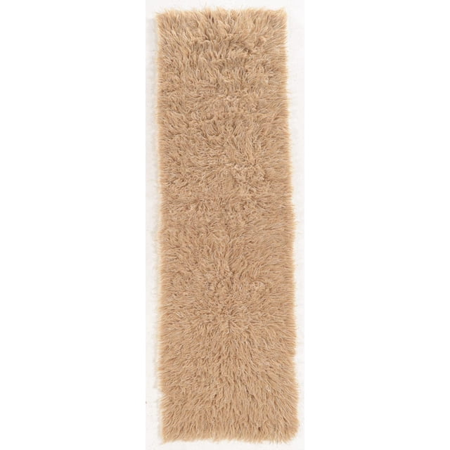 New Flokati 1400gr 2'4" x 8'6" Runner in tan, hand woven in Greece from 100% New Zealand wool with a deep plush shag pile and mixed natural tan fibers, ideal for hallways or beside beds, often used to soften steps and add warmth.