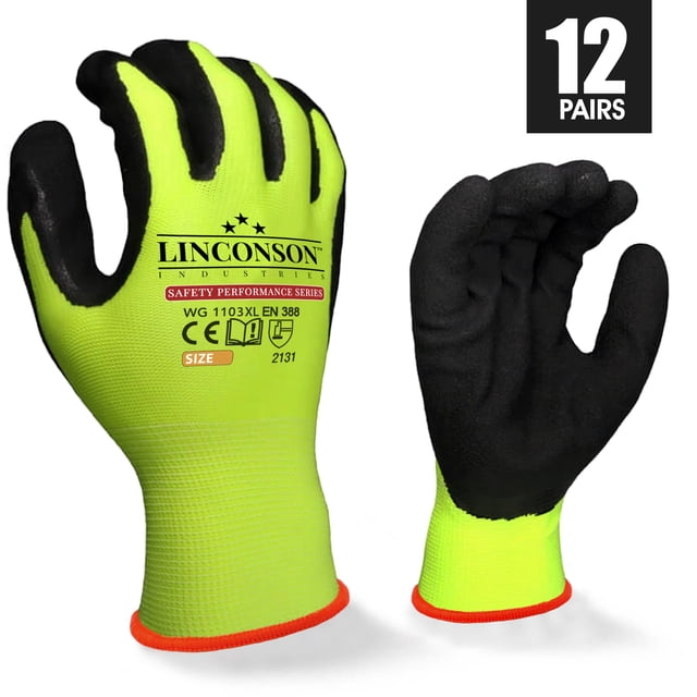 LINCONSON 12 pack Safety Performance Series Construction Mechanics Work Gloves (XXL, Green)