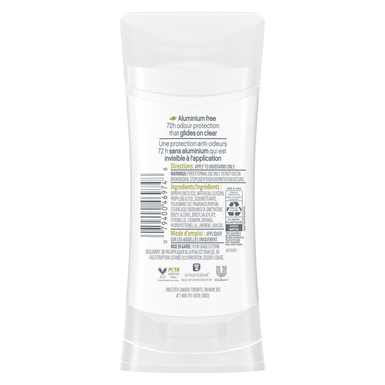 Déodorant pour femmes avec 1/4 d'hydratants Dove sans aluminium parfum lavande et vanille pour des aisselles douces et confortables