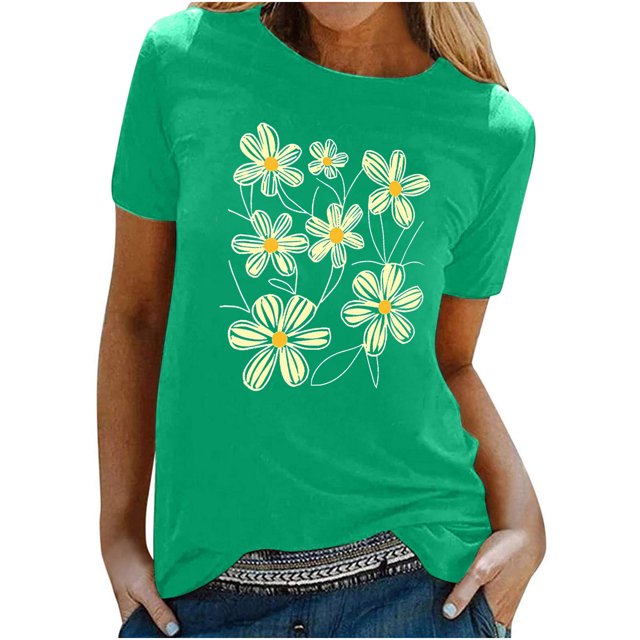KIHOUT Nouveau Haut de Mode d'Été pour Femmes 2025, T-Shirt à Manches Courtes à Col Rond Décontracté à Imprimé Floral Vert m
