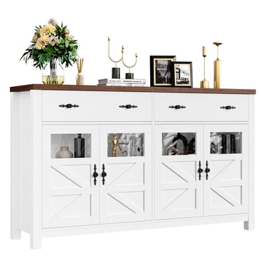 Homfa Farmhouse 55.1"W Kitchen Buffet Cabinet with Storage Drawer & Adjustable Shelf, Glass Door Wood Sideboard Credenza Coffee Bar with for Dining Room Living Room, White & Natural Wood
